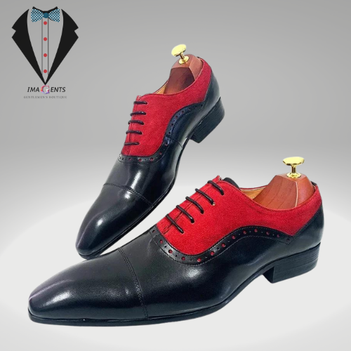 Real Leather Lace-Up Black Mixed Red Suede Men Shoes