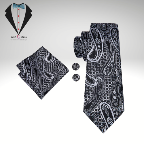 Black Grey Paisley Tie Set